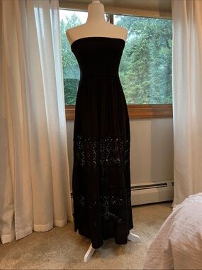 Black Strapless Maxi Dress with Lace Insets
